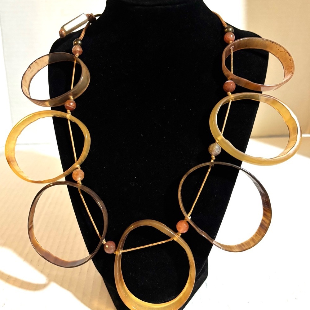 Handmade statement natural buffalo horn brown marbles & amber adjustable